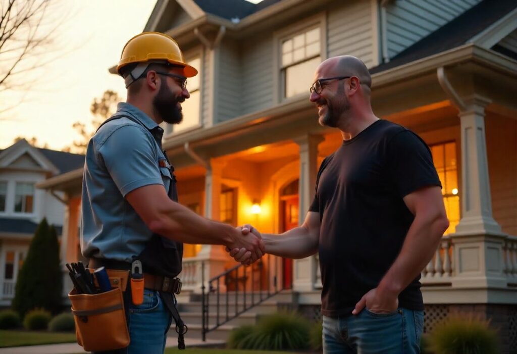 Contractor-shaking-hands-with-a-homeowner-in-front-of-a-home